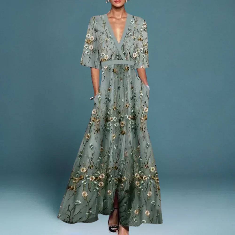 MayBerry Jill Women's Elegant Maxi Dress with Floral Pattern - Flowing V-Neck Summer Sundress for Garden Parties & Events - Blue - XL MayBerry Jill Women's Elegant Maxi Dress with Floral Pattern - Flowing V-Neck Summer Sundress for Garden Parties & Events - Blue - XL