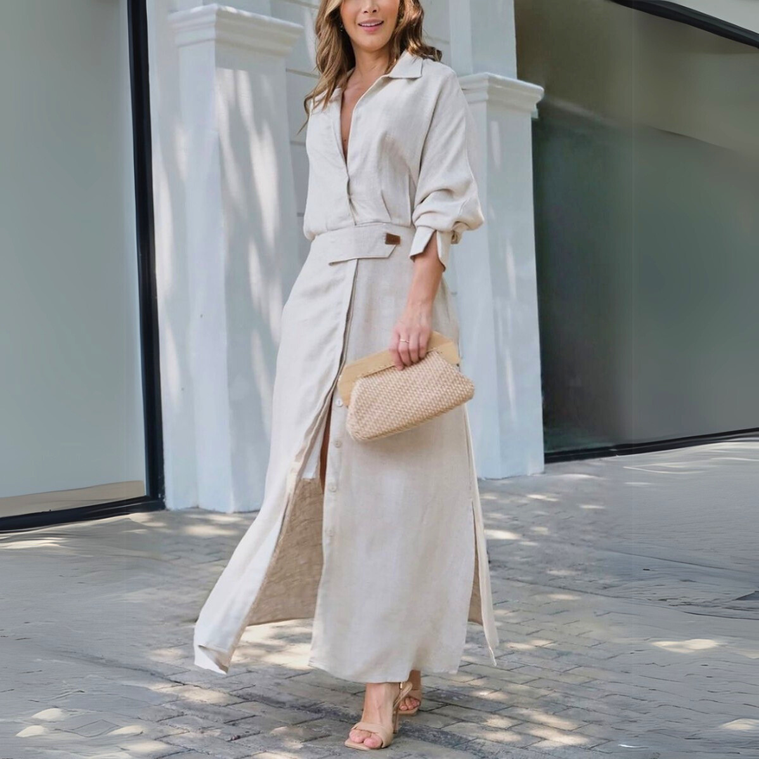 Amara | Elegant Maxi Dress with V-Neck, Beige / 3XL