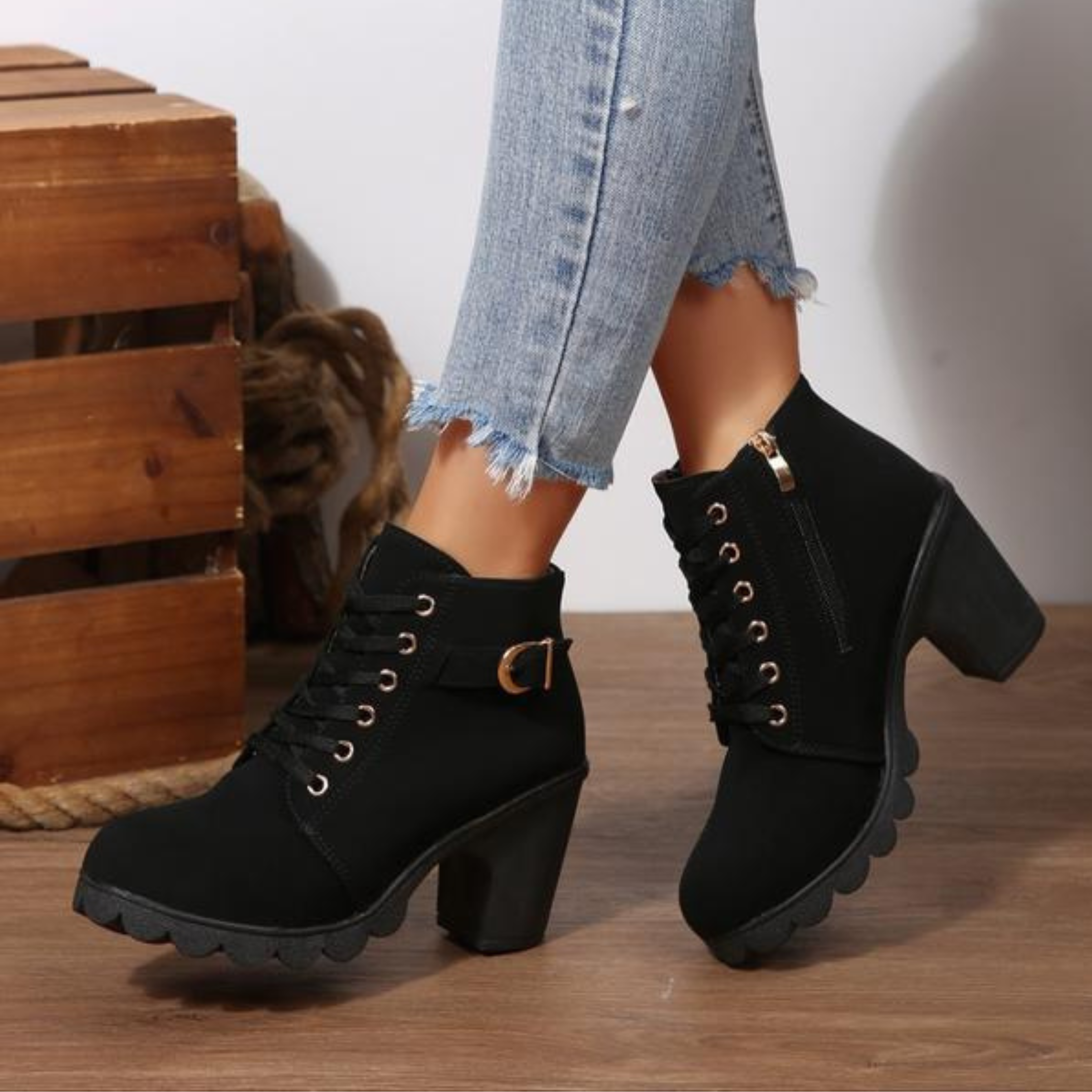 Demi | Chic Lace-Up Chunky Ankle Boots, Black / 9