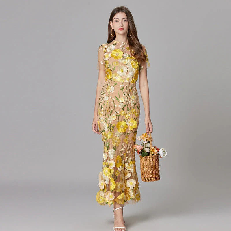 Aurelia | Women's 3D Floral Appliqu Sheer Mesh Sleeveless Maxi Dress, Yellow / L