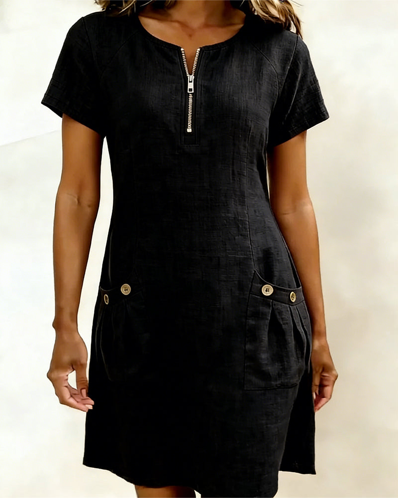 Remi | Women's Shift Dress Short Sleeve Zip Neck with Pockets