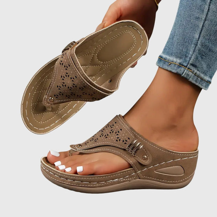 Cleo | Women's Wedge Toe Loop Sandals with Laser Cut Detail