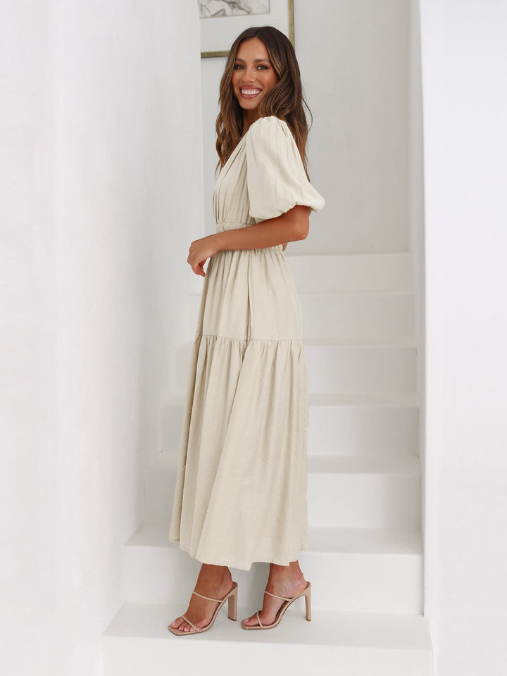 Noelle | Women's V-Neck Puff Sleeve Midi Dress with Smocked Waist