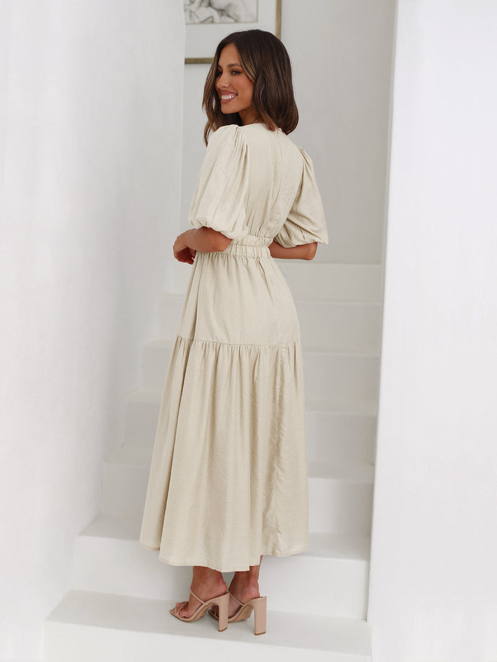 Noelle | Women's V-Neck Puff Sleeve Midi Dress with Smocked Waist