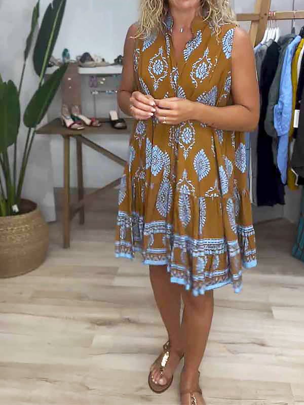 Zara | Women's Boho Print V-Neck Sleeveless Tiered Mini Dress