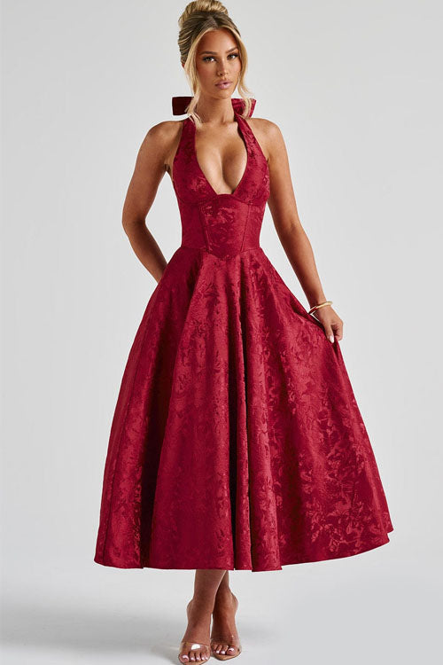 Genevieve™ | V-Neck Halterneck Sleeveless Jacquard Maxi Dress