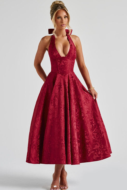 Genevieve™ | V-Neck Halterneck Sleeveless Jacquard Maxi Dress