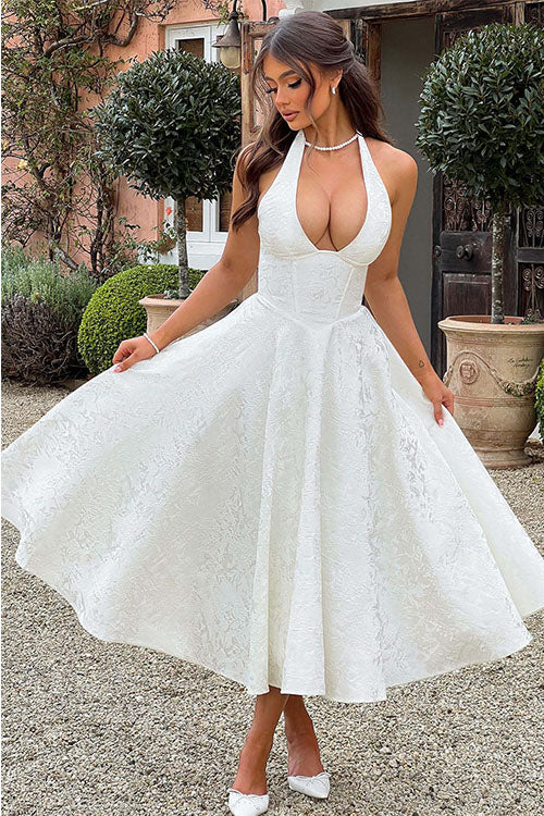 Genevieve™ | V-Neck Halterneck Sleeveless Jacquard Maxi Dress