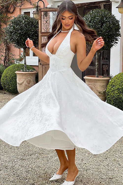 Genevieve™ | V-Neck Halterneck Sleeveless Jacquard Maxi Dress