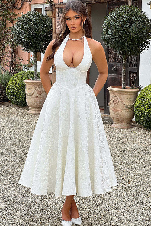 Genevieve™ | V-Neck Halterneck Sleeveless Jacquard Maxi Dress