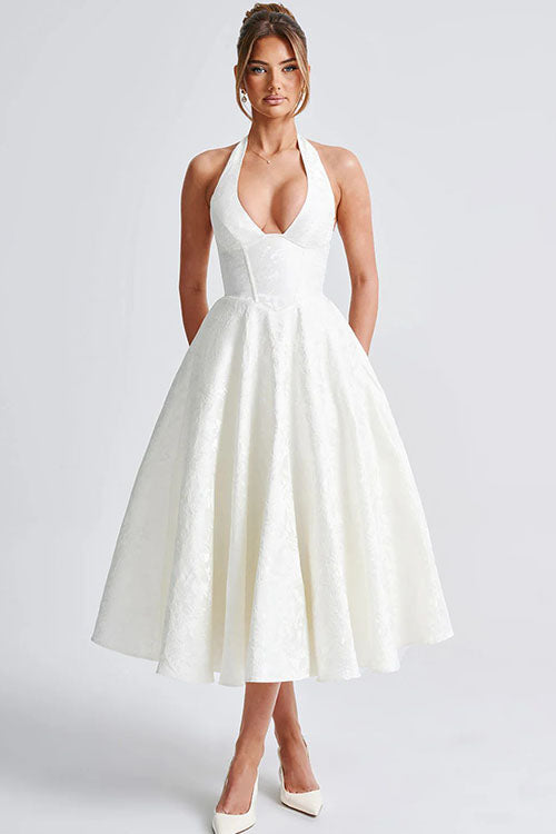 Genevieve™ | V-Neck Halterneck Sleeveless Jacquard Maxi Dress