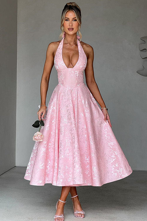 Genevieve™ | V-Neck Halterneck Sleeveless Jacquard Maxi Dress