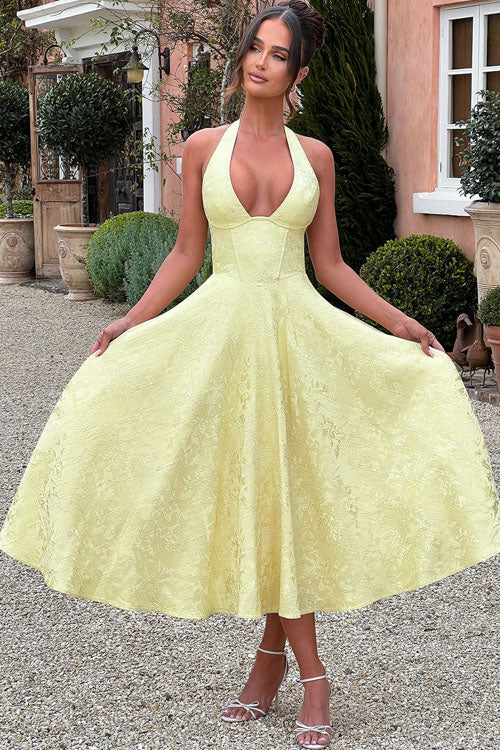 Genevieve™ | V-Neck Halterneck Sleeveless Jacquard Maxi Dress