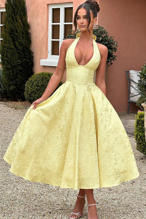 Genevieve™ | V-Neck Halterneck Sleeveless Jacquard Maxi Dress