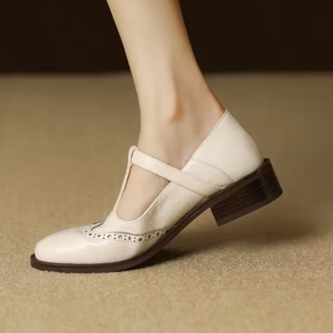 Nadine | Women's Leather T-Strap Mary Jane Shoes Low Block Heel