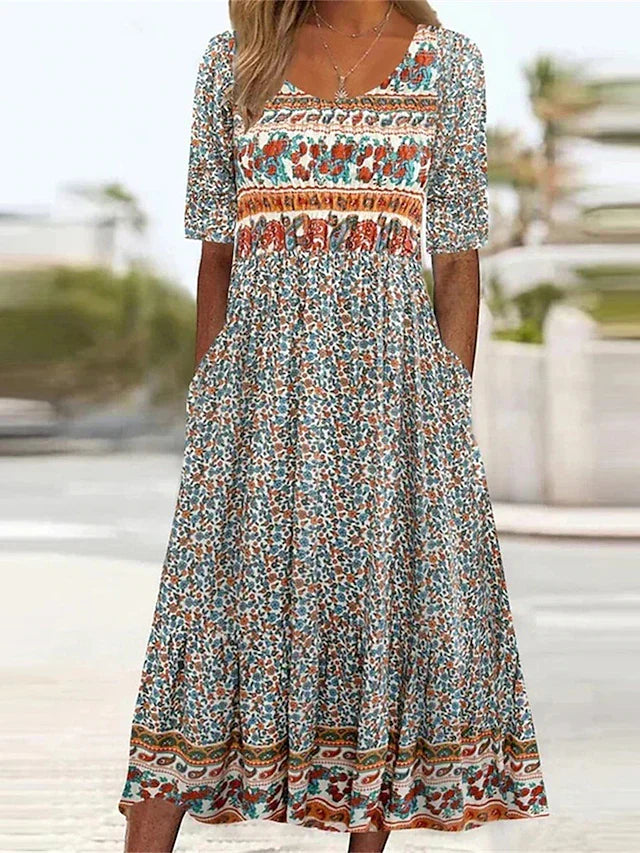 Janine™ | Dress with Bohemian Print and Round Neckline