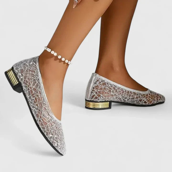 Stella | Women's Lace Pointed Toe Flats with Low Block Heel