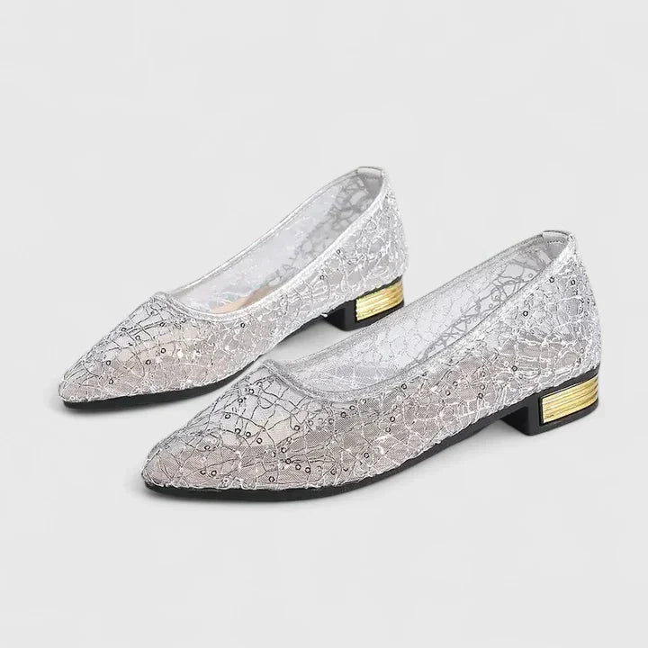 Stella | Women's Lace Pointed Toe Flats with Low Block Heel