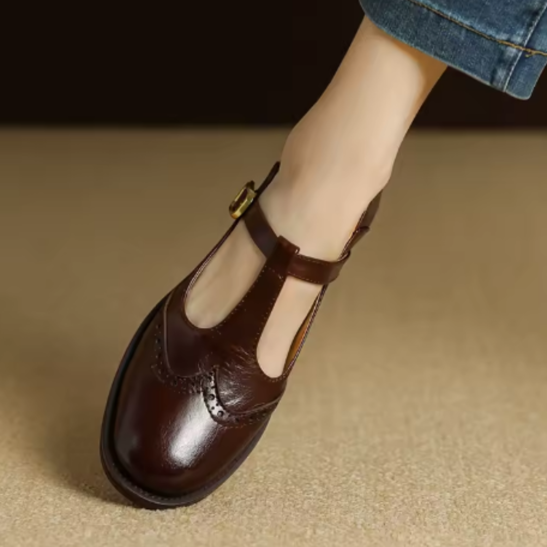 Nadine | Women's Leather T-Strap Mary Jane Shoes Low Block Heel