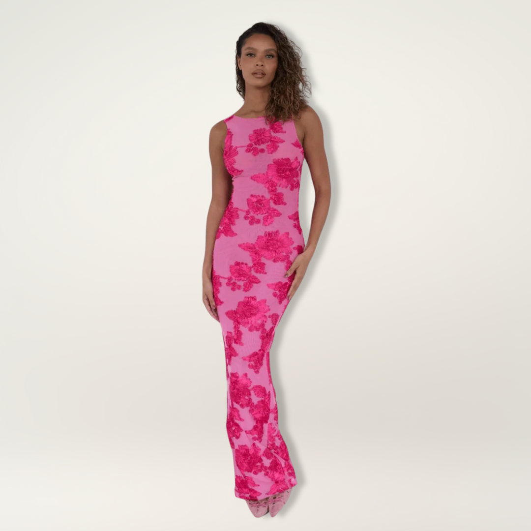 Lily™ | Elegant Maxi Dress with Pink Floral Design