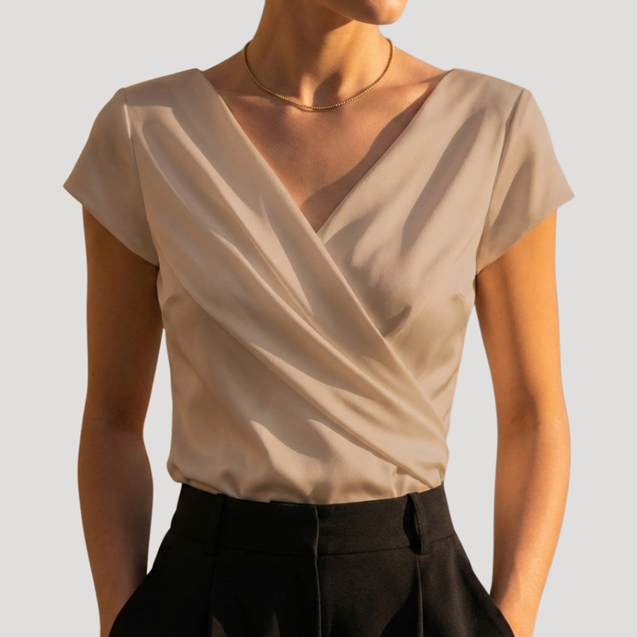Women’s Short Sleeve Draped Wrap V-Neck Blouse Top