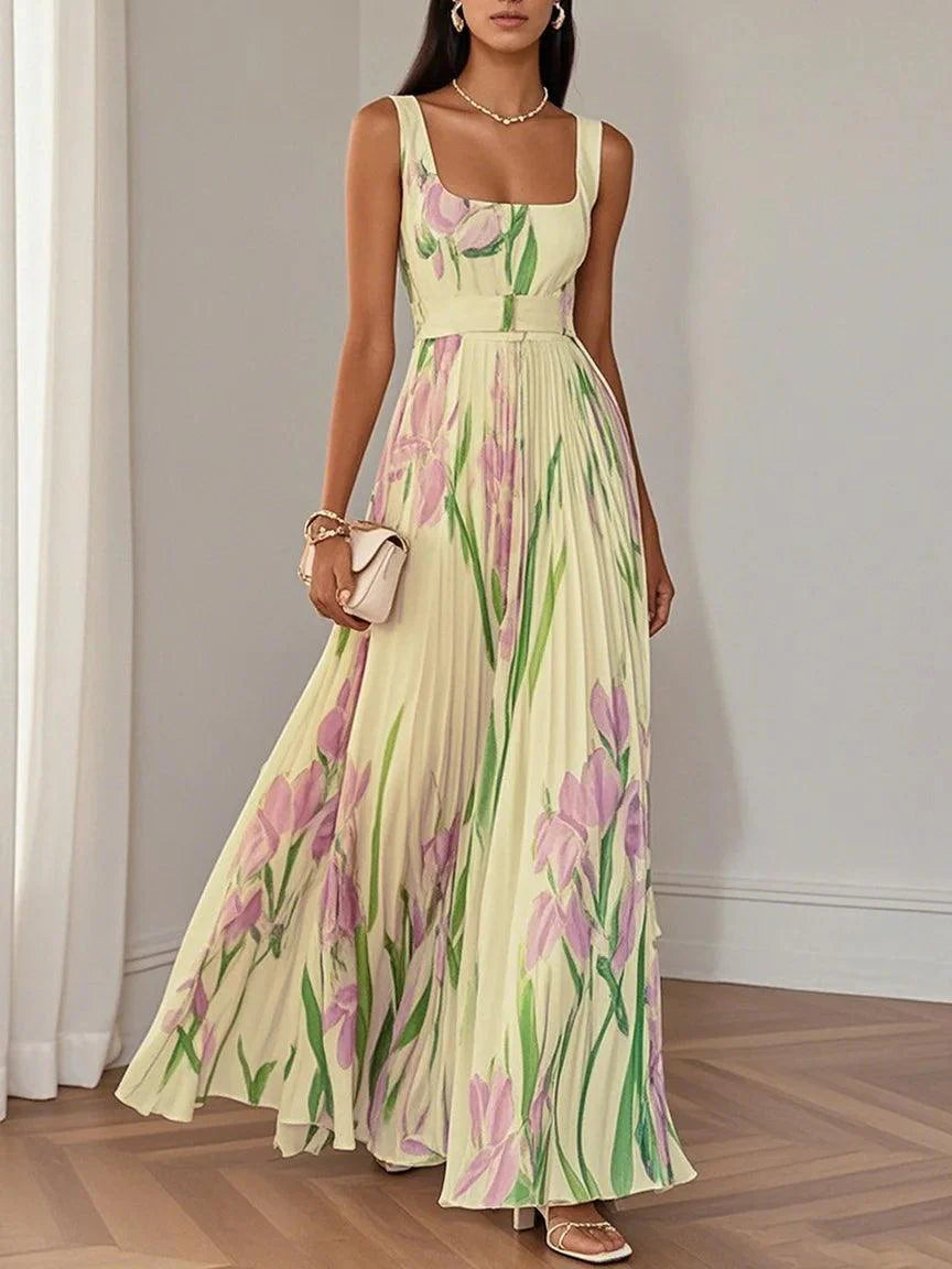 Ellie | White Pleated Floral Maxi Dress, Yellow / S Ellie | White Pleated Floral Maxi Dress, Yellow / S