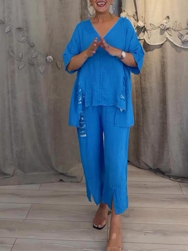 Pearl | Women's Casual 2 Piece Set V-Neck Top and Cropped Pants