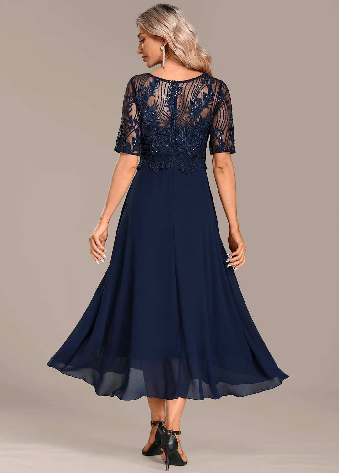 Katherine™ | Navy Lace Short Sleeve Round Neck Dress
