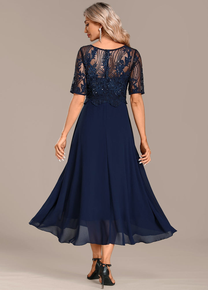 Katherine™ | Navy Lace Short Sleeve Round Neck Dress