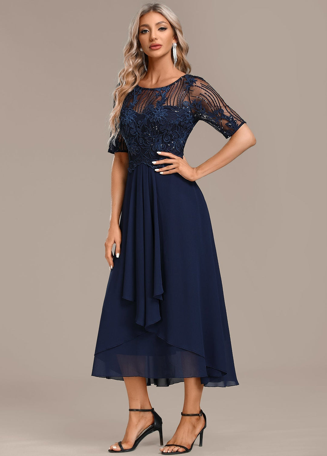 Katherine™ | Navy Lace Short Sleeve Round Neck Dress