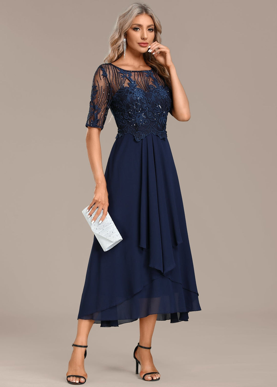 Katherine™ | Navy Lace Short Sleeve Round Neck Dress