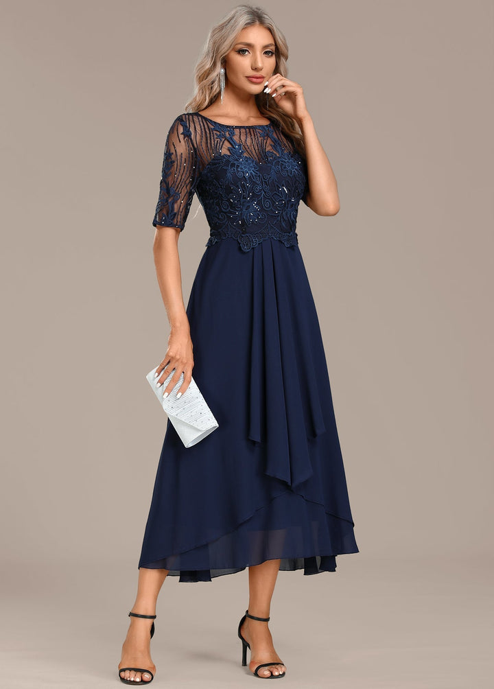Katherine™ | Navy Lace Short Sleeve Round Neck Dress