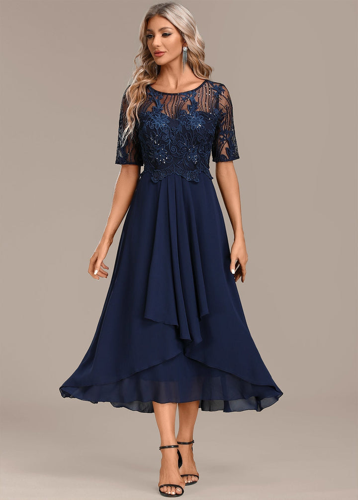 Katherine™ | Navy Lace Short Sleeve Round Neck Dress
