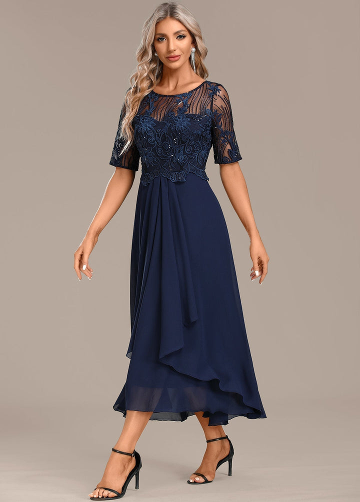 Katherine™ | Navy Lace Short Sleeve Round Neck Dress