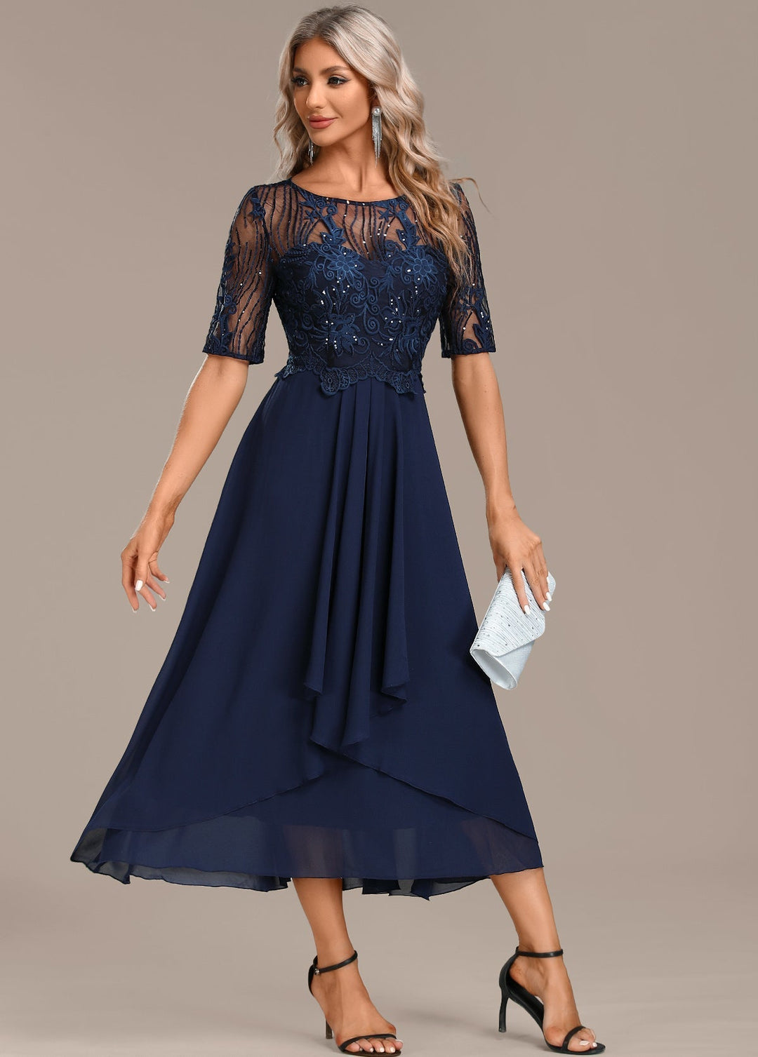 Katherine™ | Navy Lace Short Sleeve Round Neck Dress