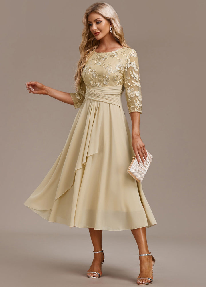 Karla™ | Champagne Embroidery 3/4 Sleeve Round Neck Dress