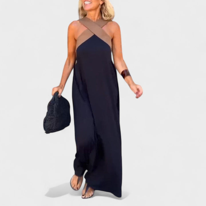 Sue™ | Elegant Cross-Neck Maxi Dress