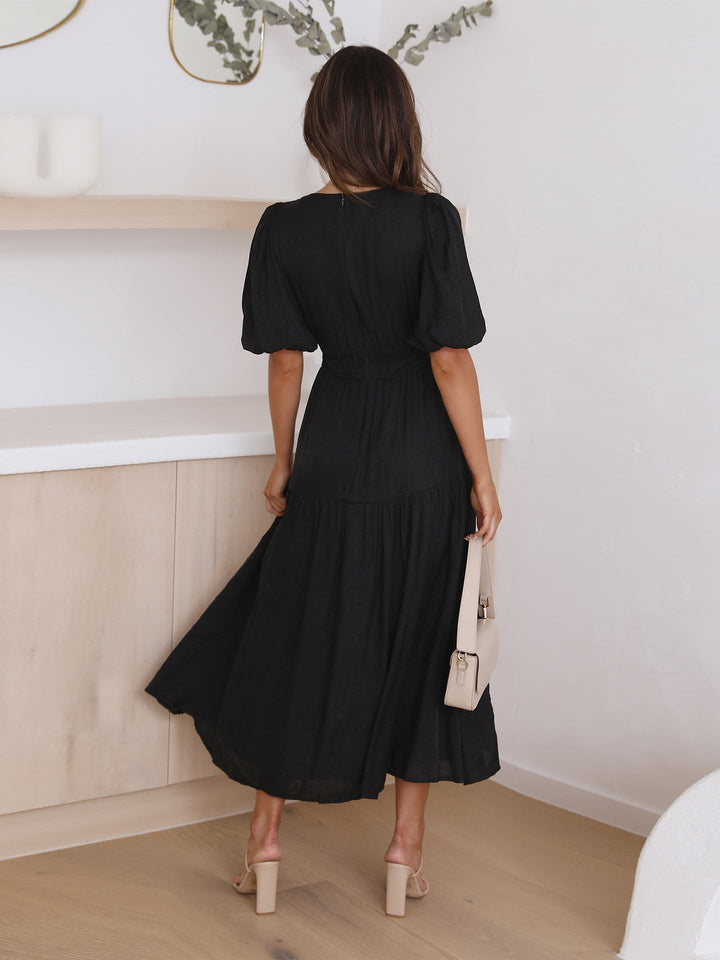 Noelle | Women's V-Neck Puff Sleeve Midi Dress with Smocked Waist