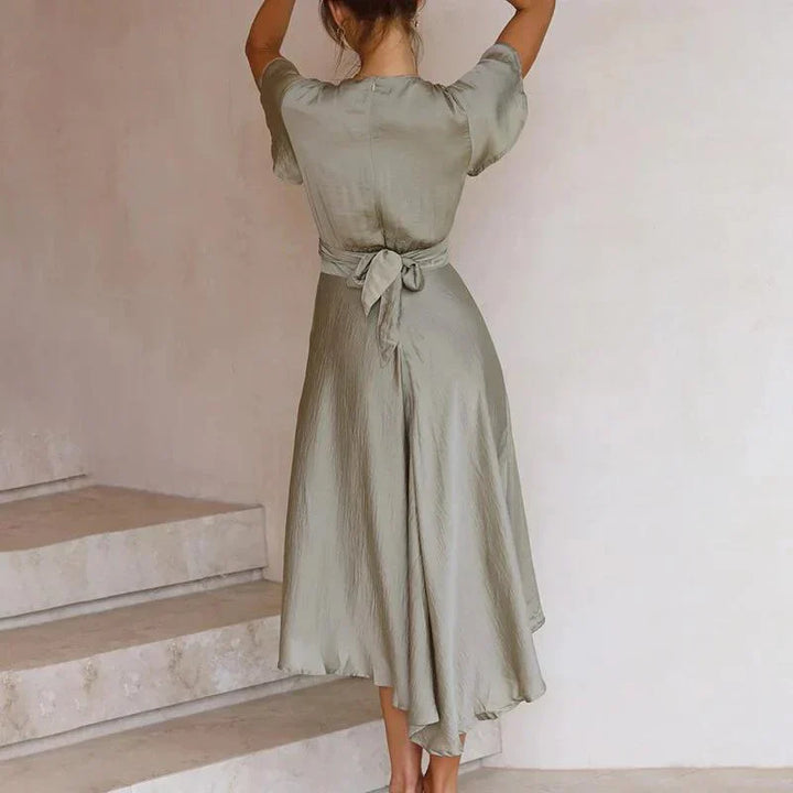 Luna | Women's Satin Midi Dress Deep V-Neck Tie Front Flutter Sleeve