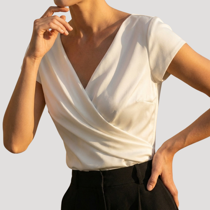 Women’s Short Sleeve Draped Wrap V-Neck Blouse Top