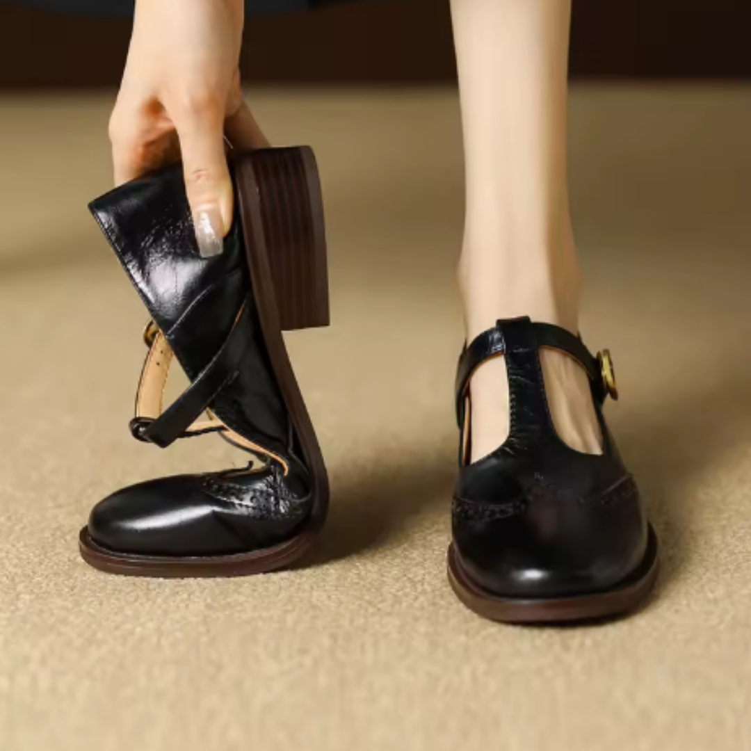 Nadine | Women's Leather T-Strap Mary Jane Shoes Low Block Heel
