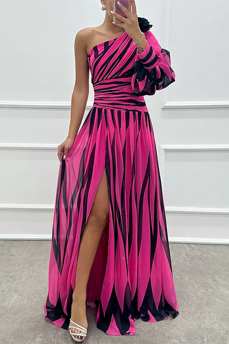 Bonnie™ | Elegant Striped One Shoulder Maxi Dress