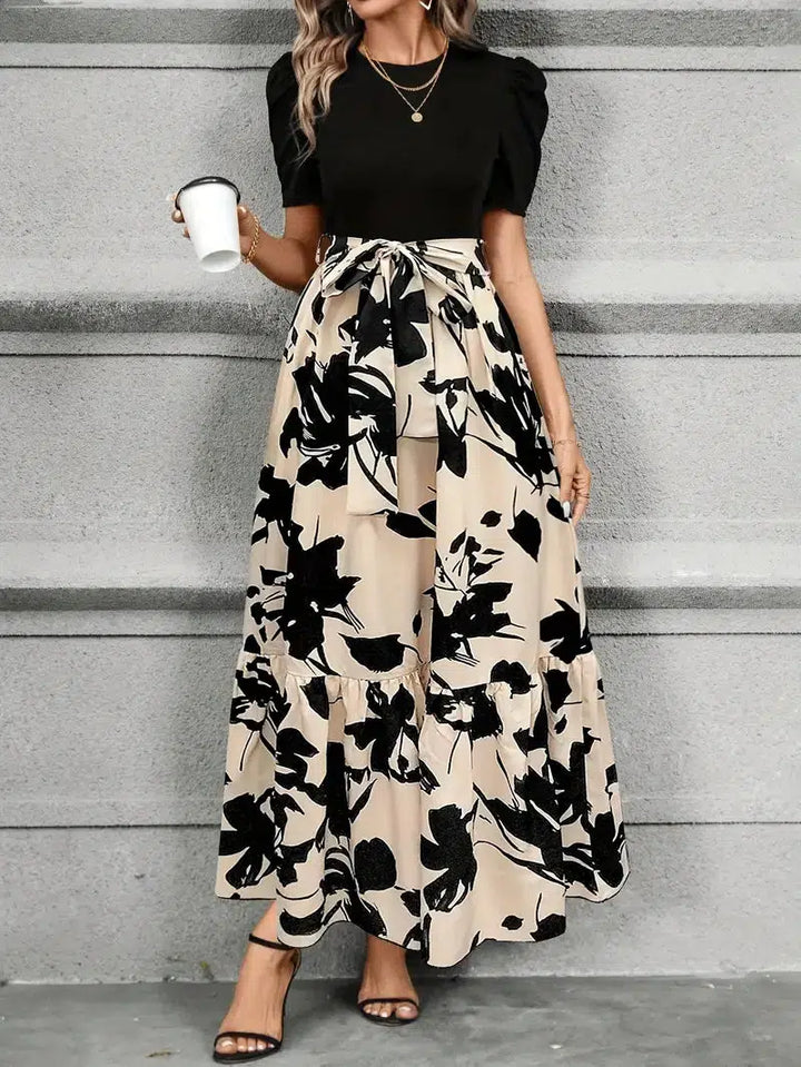 Elise | Women's Puff Sleeve Floral Maxi Dress with Tie Waist