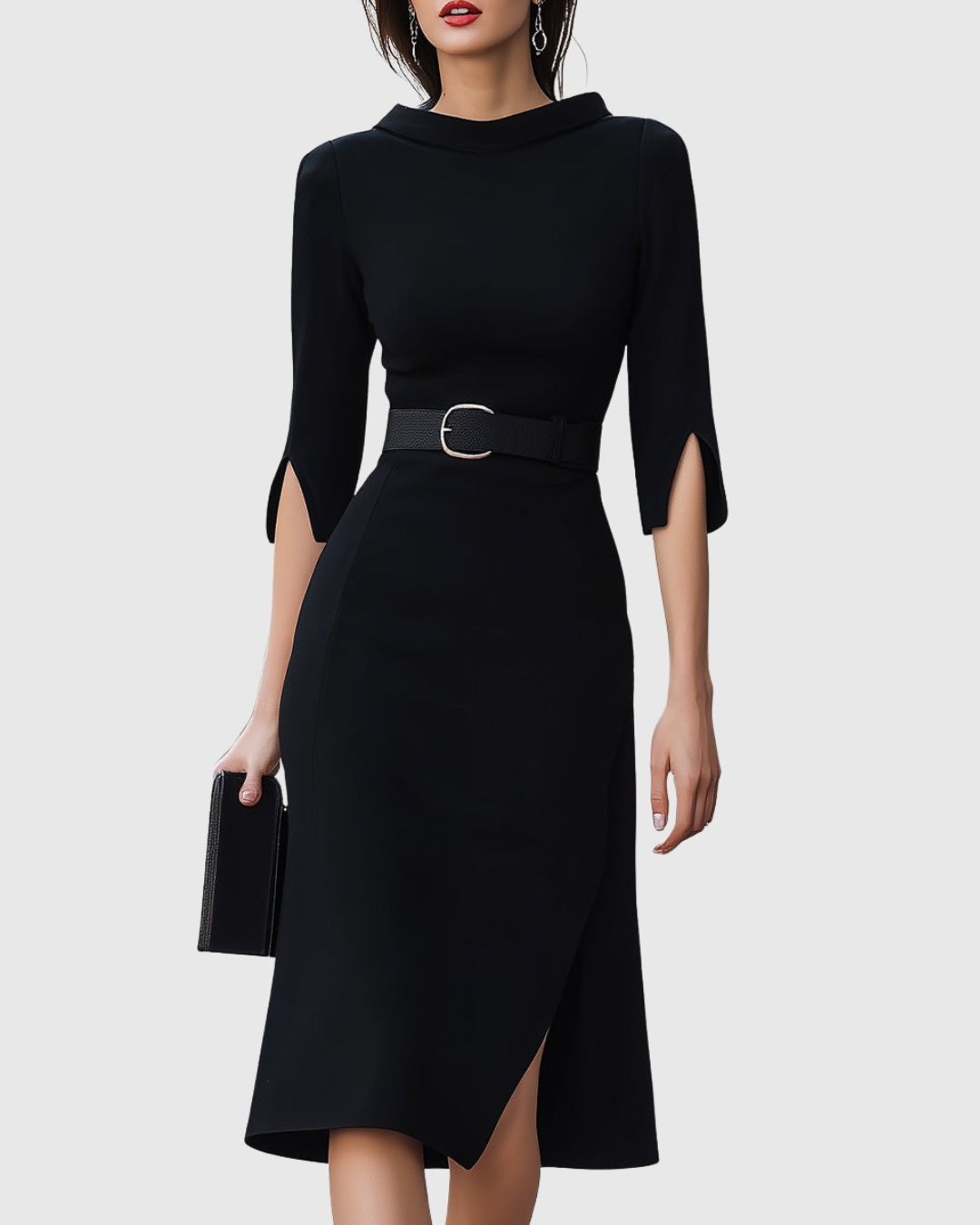 Naomi | Women's Belted Mock Neck Midi Dress with Split Sleeves