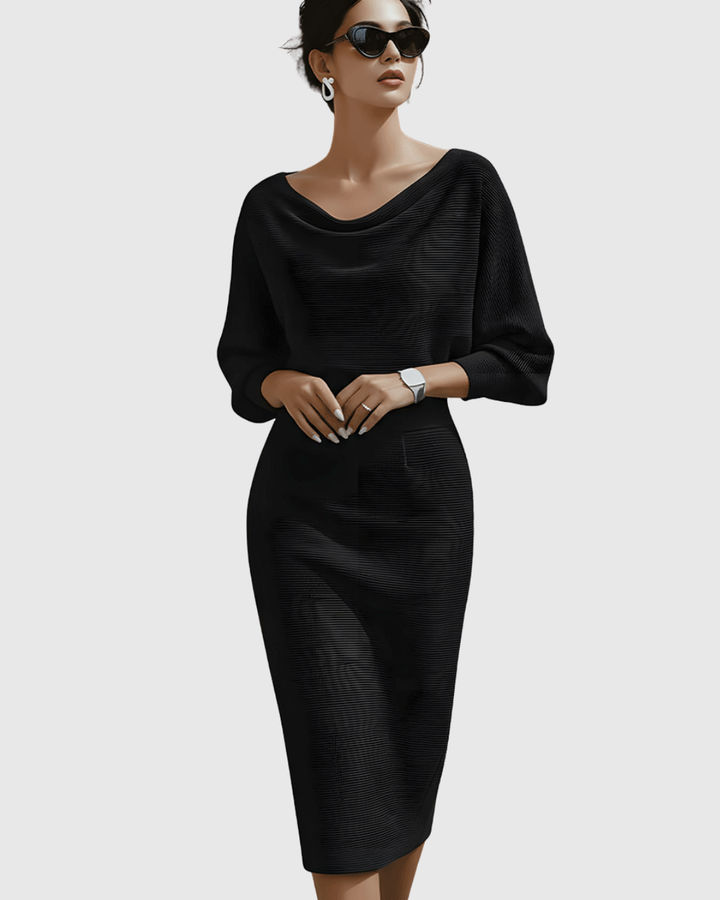 Vivienne | Women's Cowl Neck Batwing Sleeve Ribbed Midi Dress