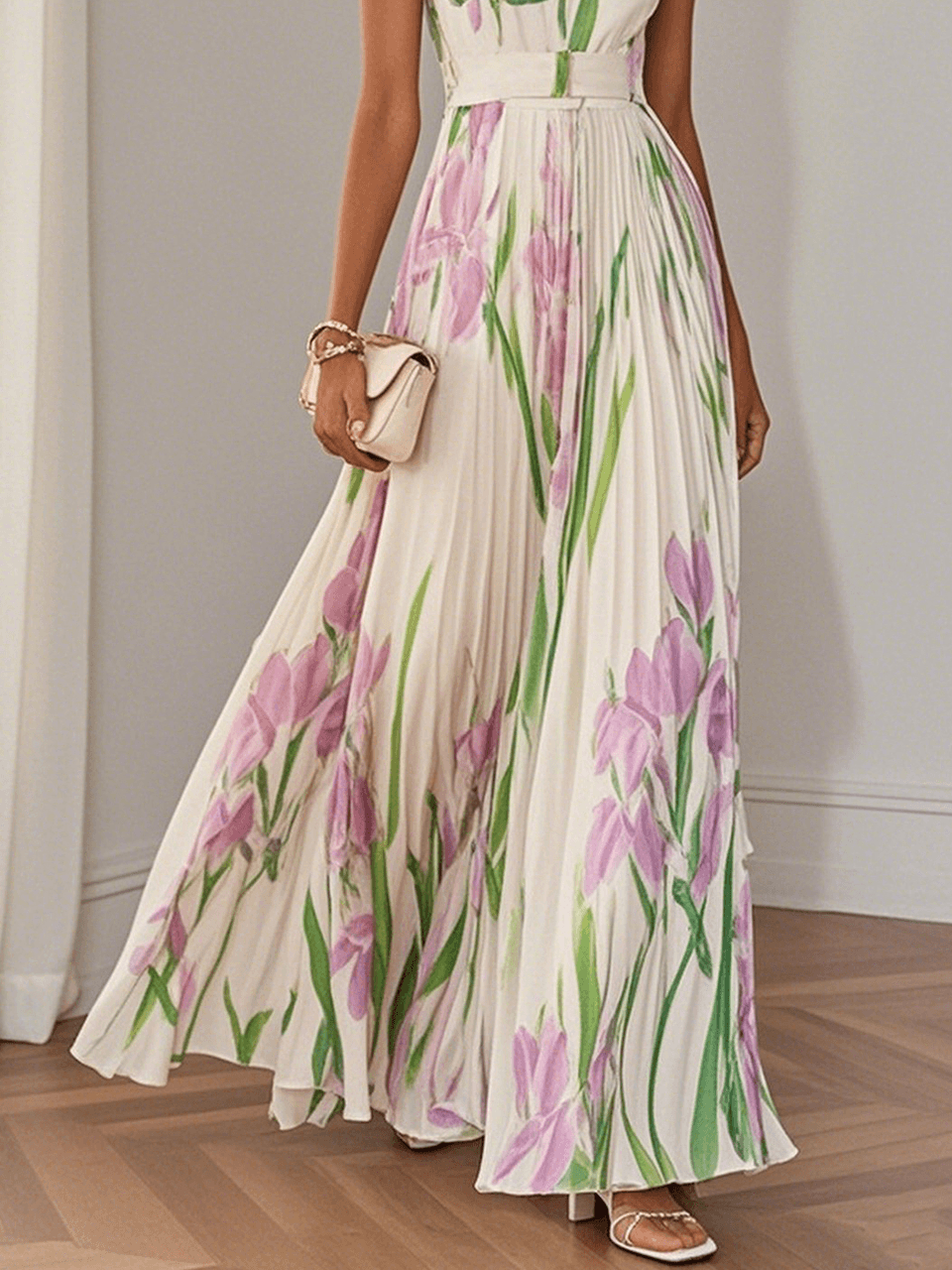 Ellie™ | White Pleated Floral Maxi Dress