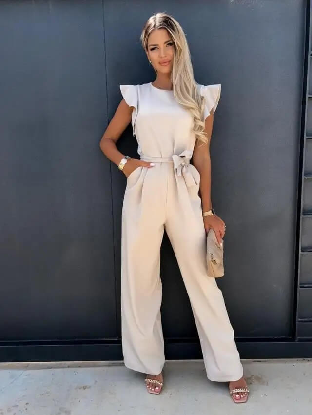 Amber | Women's Ruffle Sleeve Wide Leg Jumpsuit Belted Elegant