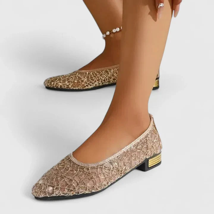 Stella | Women's Lace Pointed Toe Flats with Low Block Heel