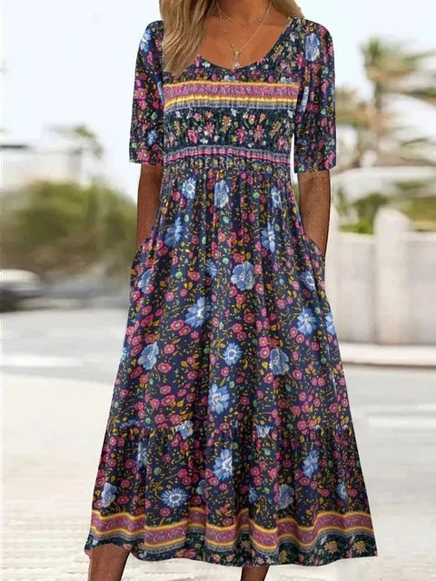 Janine™ | Dress with Bohemian Print and Round Neckline