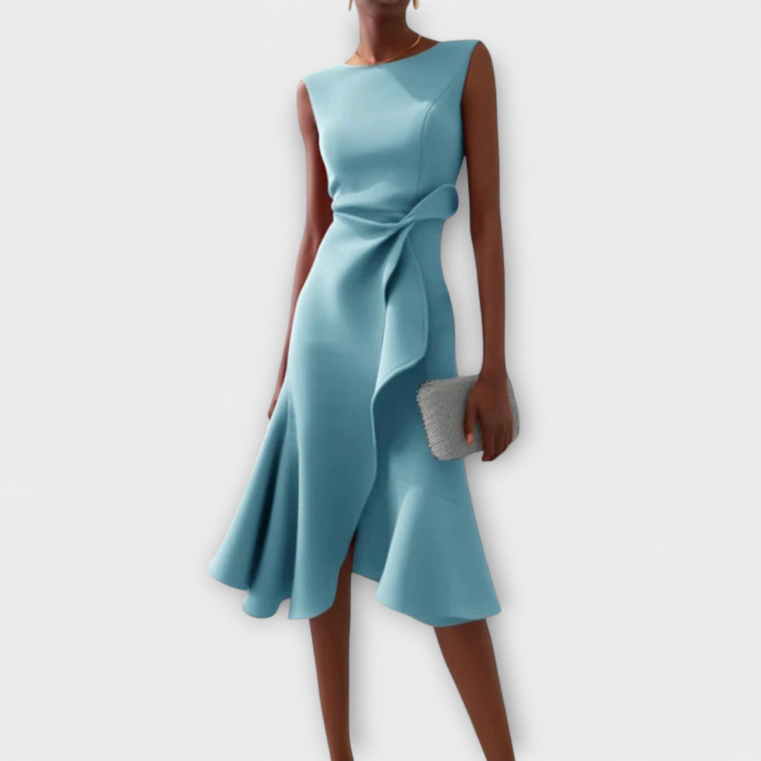 MayBerry Sheila Women's Draped Asymmetric Midi Dress - Sleeveless Elegant Occasion Party Dress - Flowy Flattering Style Light Blue - L MayBerry Sheila Women's Draped Asymmetric Midi Dress - Sleeveless Elegant Occasion Party Dress - Flowy Flattering Style Light Blue - L